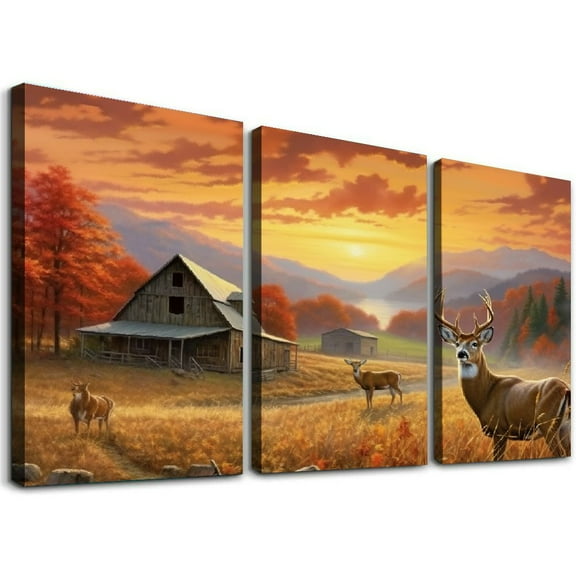 JRXY Deer Wall Art for Living Room Christmas Wall Art Christmas Reindeer Decorations Canvas Poster Fall Wildlife Hunting Pictures Barn Animal Autumn Scenery Prints Decor Retro