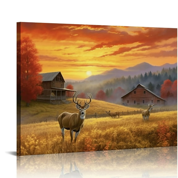 JRXY Deer Wall Art for Living Room Christmas Wall Art Christmas Reindeer Decorations Canvas Poster Fall Wildlife Hunting Pictures Barn Animal Autumn Scenery Prints Decor Retro Painting 20x16in