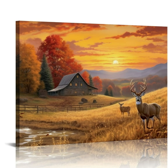 JRXY Deer Wall Art for Living Room Wildlife Reindeer Pictures Retro Painting Farmhouse Decor 20x16in
