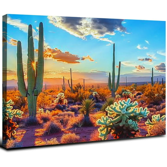 JRXY Desert Wall Art Botanical Cactus in Sunset Landscape Pictures Canvas Print Southwest Decor for Office Living Room Ready to Hang 20x16inch