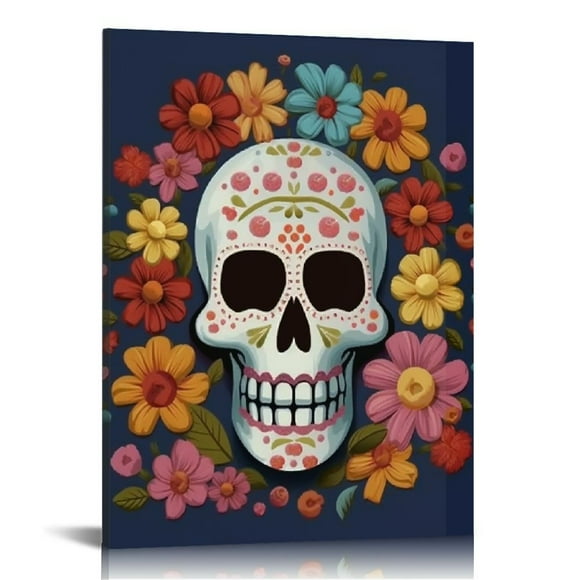 JRXY Dia De Los Muertos Colorful Happy Sugar Skull with Flowers Day of The Dead Canvas Print Mexican Wall Art Living Room Bedroom Wall Decor Home Decor Ready to Hang 12x16 in