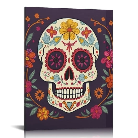 JRXY  Dia De Los Muertos Colorful Happy Sugar Skull in Purple Day of The Dead Canvas Print Mexican Wall Art Living Room Bedroom Wall Decor Home Decor Ready to Hang 12x16 in