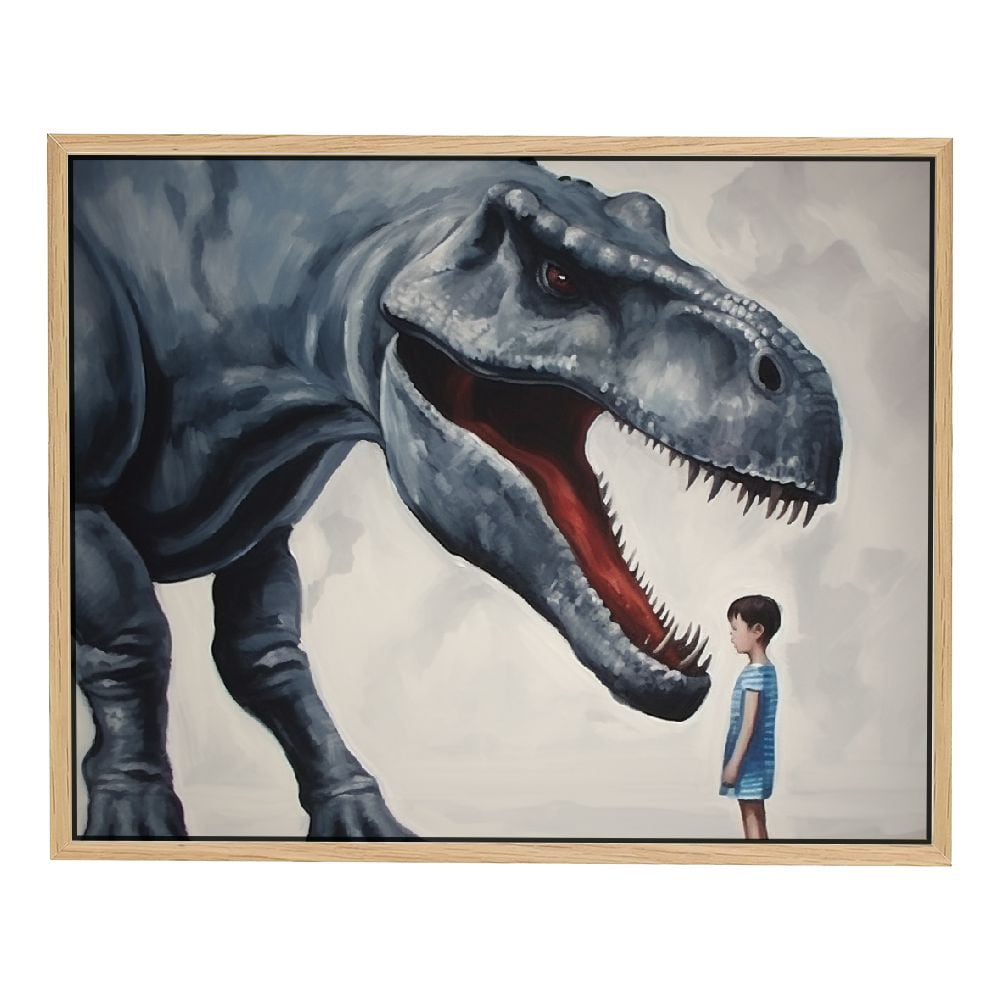 JRXY Dinosaur Canvas Wall Art - Cute Baby Boy Touching Dinosaur - Stretched and Framed Ready to Hang - Artworks Pictures for Home Bathroom Kids Room Bedroom Decor Picture 3