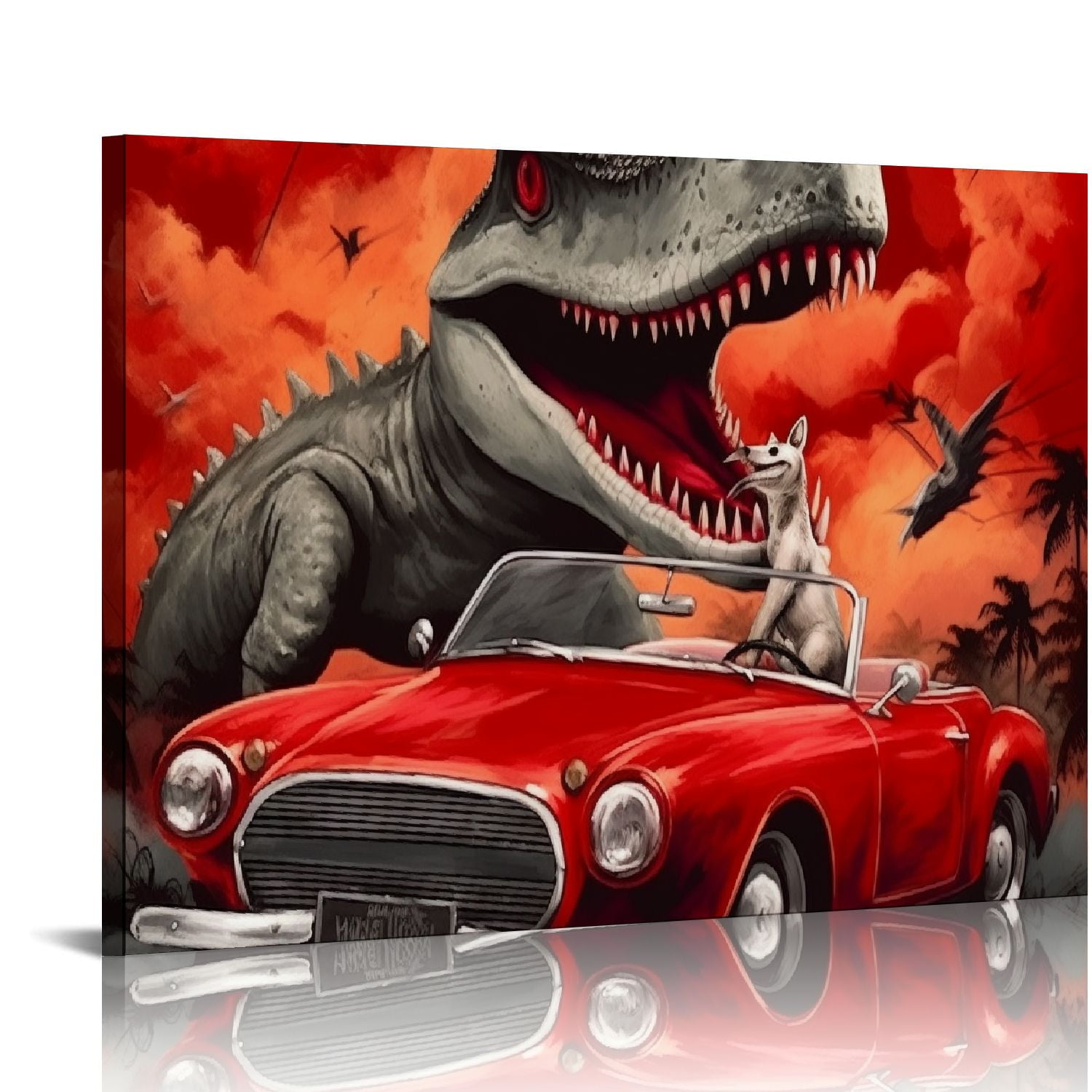 JRXY  Dinosaur Decor Funny Paintings For Boys Kids Room Wall Decorations Funny T-rex Driving Red Car Painting Pictures Canvas Prints pattern1
