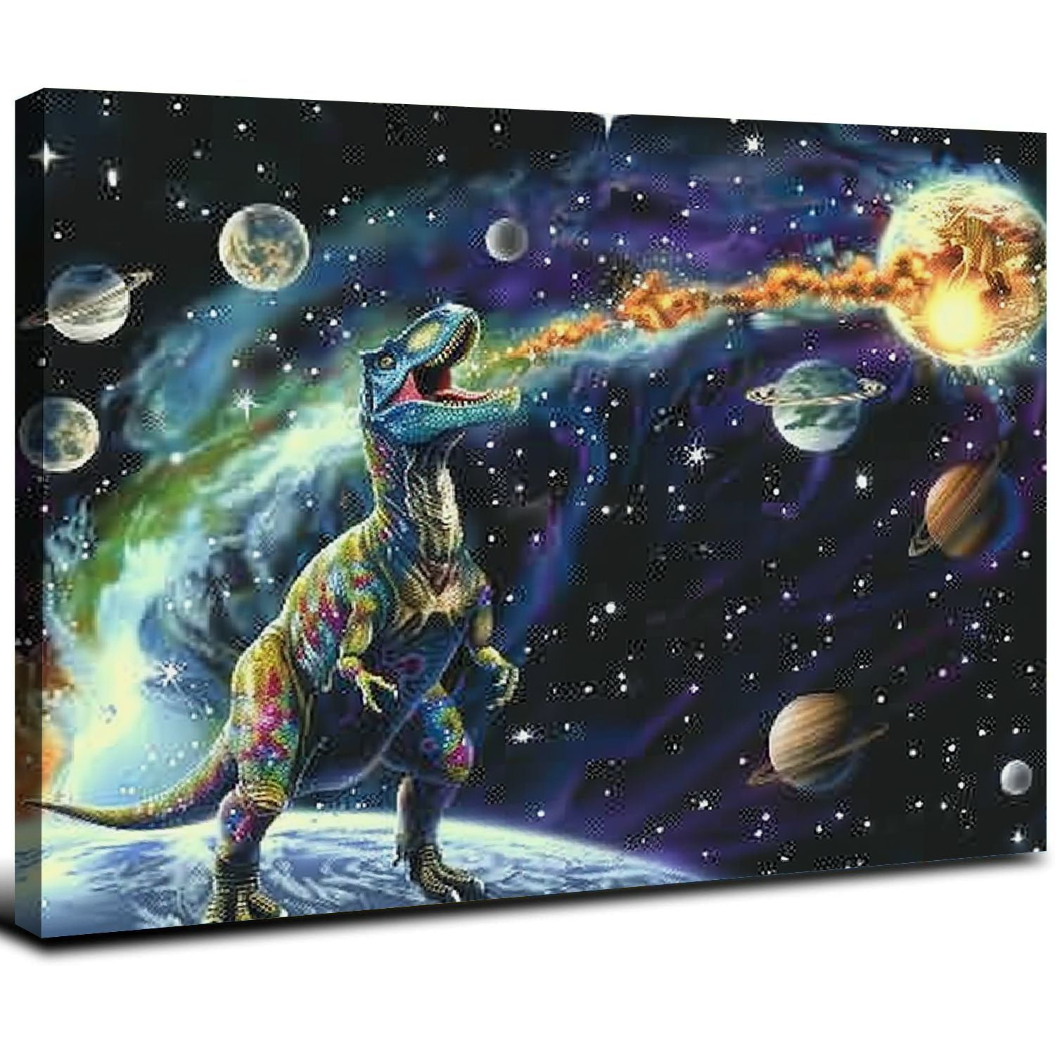 JRXY Dinosaur Decor Wall Art for Boy's Room Dinosaur Pictures Universe Space Decor Canvas Painting  Artwork for Living Room Bedroom  16x12inch