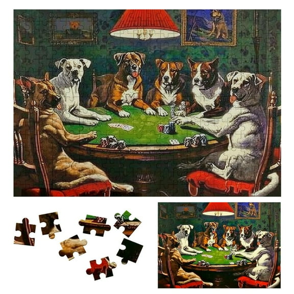 JRXY Dogs Playing Poker Wooden Jigsaw Puzzle Challenging Difficult Wood Puzzles for Adults Gift for Family Friends 300 PCS