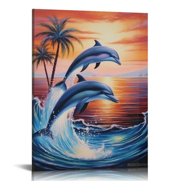JRXY  Dolphin Sunset Canvas Wall Art Animal Painting Art Decor Prints Picture of Dolphins Jumping Out of Water 12x16 in