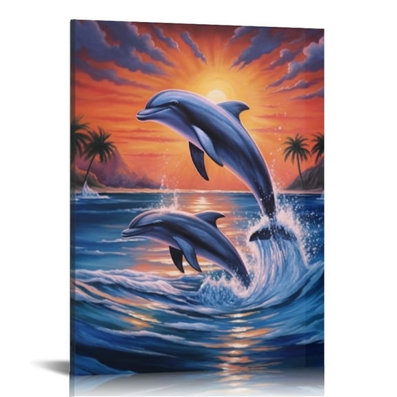 JRXY  Dolphin Sunset Canvas Wall Art Animal Painting Art Decor Prints Picture of Dolphins Jumping Out of Water Framed 12x16 in