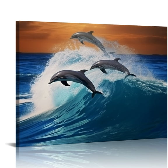 JRXY Dolphins Jumping Over Blue Waves Ocean Wildlife Canvas Wall Art Picture Print (20x16 inch) 16x12in