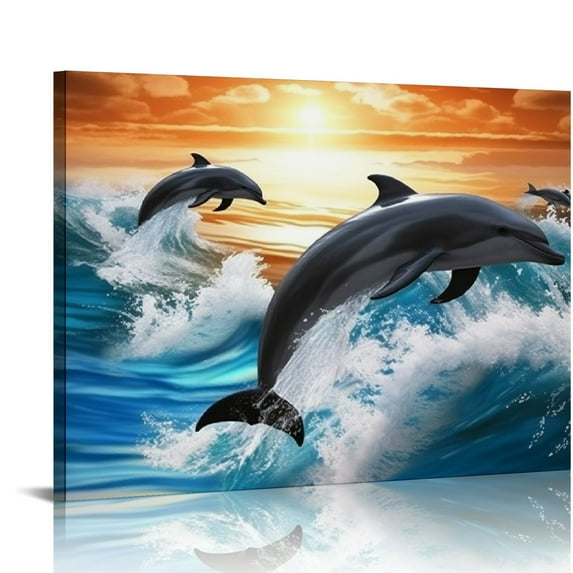 JRXY Dolphins Wall Art Jumping Dolphin Canvas Pictures Black White Seascape Prints Blue Waves Painting for Living Room Home 20x16in