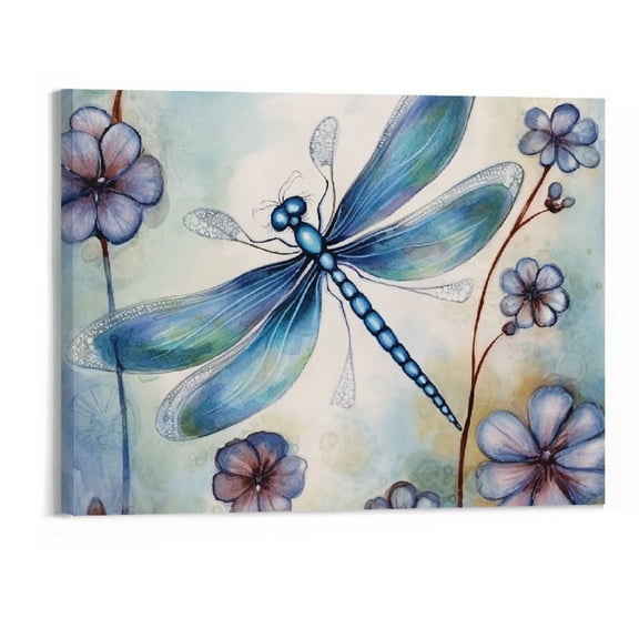 JRXY Dragonfly Canvas Wall Art Teal Blue Flower Picture Print Insect Animal Painting Abstract Modern Home Wall Decor Framed Artwork for Office Bedroom Bathroom Ready to Hang 20x16in