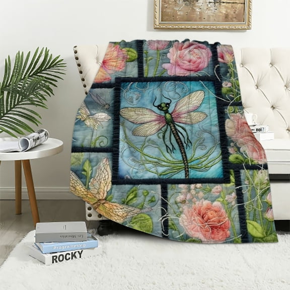 JRXY Dragonfly Floral Blanket Flannel Fleece Gifts for Women Kids Girls Home Decor All Seasons Soft Warm Throw Blankets Colorful Lightweight Durable 60x80in