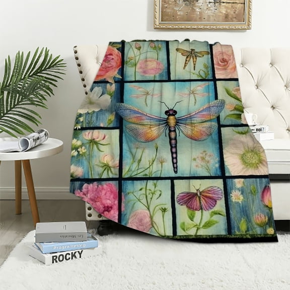 JRXY Dragonfly Floral Blanket for Women Kids Girls Home Decor Soft Warm Throw Blankets Colorful All Seasons 100x130cm 130x150cm 150x200cm 50x60in