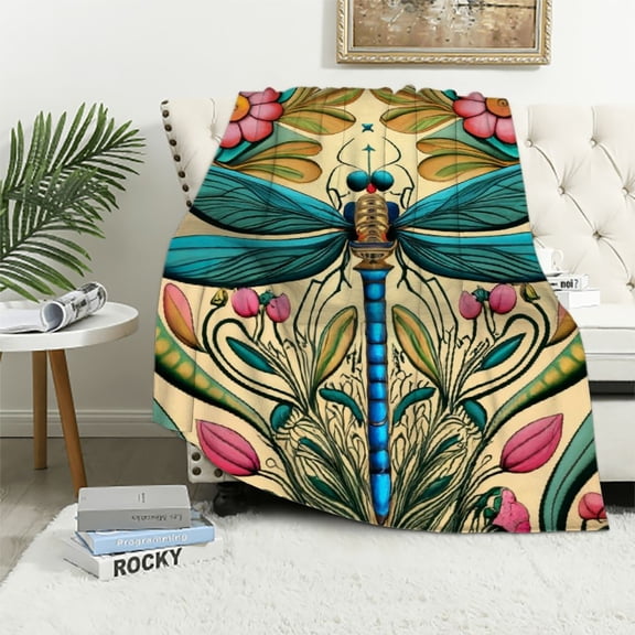 JRXY Dragonfly Gifts for Women Dandelion Blanket Colorful Butterfly for Lady Girls Flowers Throw Blanket Botanical Weed Bed Blanket Rustic Aesthetic Animal Room Decor