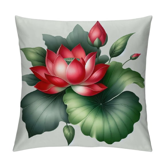 JRXY  Dragonfly Throw Pillow Cushion Cover, Traditional Japanese Painting Lotus Blooms in Tones Design, Decorative Rectangle Accent Pillow Case, Red Reseda Green White