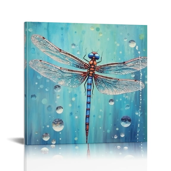 JRXY Dragonfly Wall Decor Picture Nature Insect Animal Canvas Wall Art Blue Dragonfly Painting Framed Canvas Art Print Farmhouse Kitchen Living Room Decor (Yellow Green Blue, 12x12 in