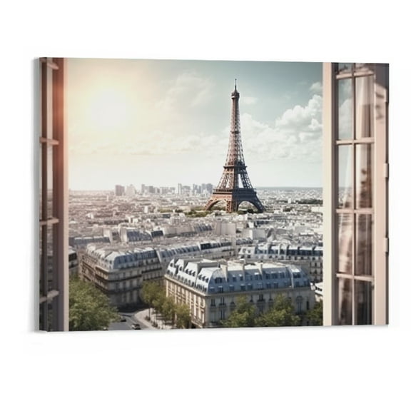JRXY Eiffel Tower Art Canvas Picture - Paris Cityscape Painting Fake Window View Artwork Blue Modern City Wall Print for Bathroom Bedroom Office - 20x16 Inch picture2