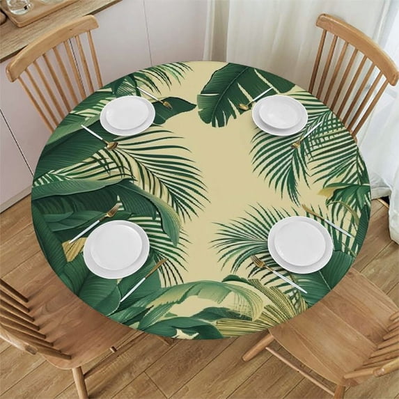 JRXY Elastic Edge Palm Leaves Round Tablecloth White