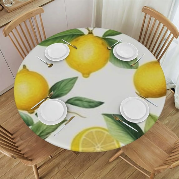 JRXY  Elastic Edged Round Lemon Fitted Table Cloth Cover, Home Decorative Tablecloth for Indoor Outdoor Kitchen Party White
