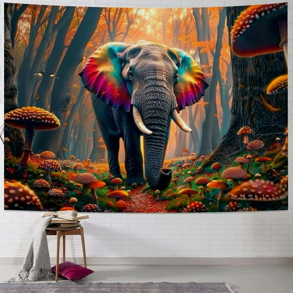 JRXY Elephant Tapestry Colorful Mushroom Tapestry Fantasy Forest Tree Wall Tapestry Vintage Aesthetic Plant Floral Tapestry Wall Hanging for Home Decor Painting