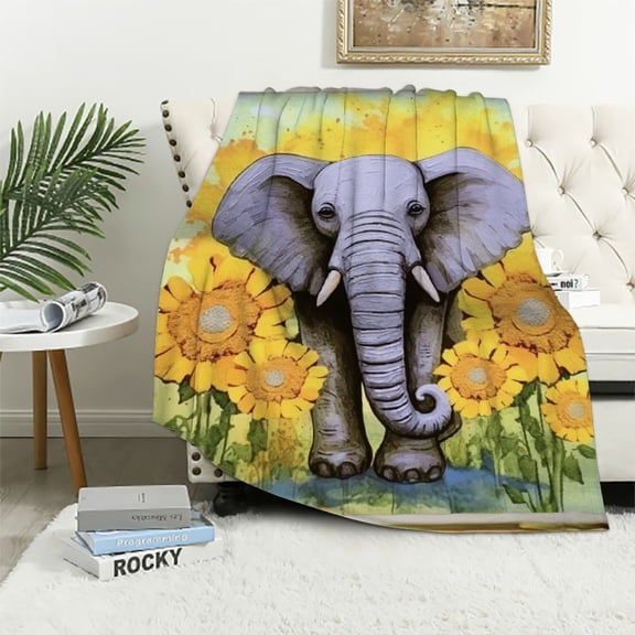 JRXY Elephant and Sunflower Sofa Throw Blanket Flannel Super Soft Warm  Bedspread Home Decor All Season for Bed Couch Living Room   White