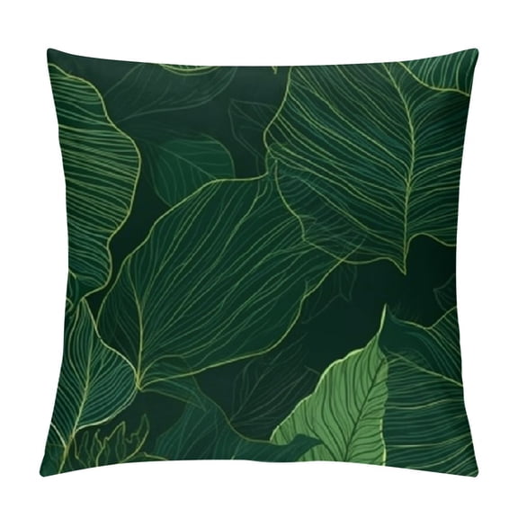 JRXY Emerald Green Tropical Leaves Throw Pillow Covers, Satin Decorative Abstract Natural Plant Leaf Pillowcase Minimalist Soft Square Cushion Covers for Living Room Bedroom Couch White