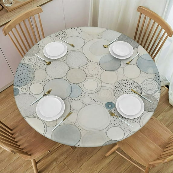 JRXY EwdeWwo Geometric Elastic Round Tablecloth, Retro Blue Gray Abstract Moroccan Style Fitted Tablecloths for Round Table Oil-Proof Waterproof Table Cloth (Fit for 36" - 44" Round Tables) White