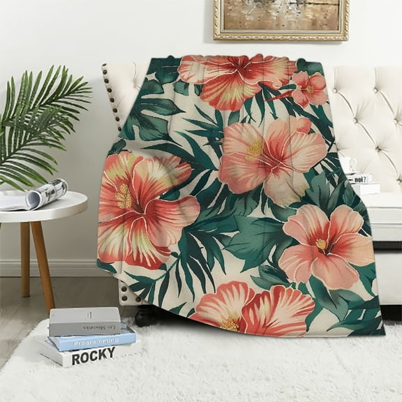 JRXY Exotic Floral Throw Blanket Tropical Flower Pink Hibiscus Palm Leaves Dark Green Decorative Soft Warm Cozy Flannel Plush Throws Blankets for Bedding Sofa Couch White