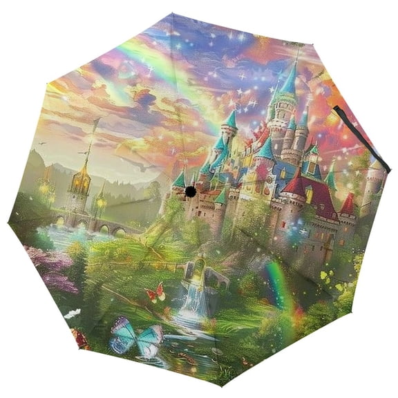 JRXY Fairy Land Rainbow Castle Three-Fold Automatic Umbrella Compact Portable Fit Handbag Backpack Umbrellas PG Fabric for Rain and Sun Automatic