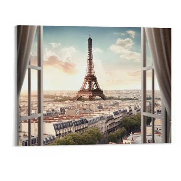 JRXY Fake Window City Canvas Artwork: Cityscape Skyline View Painting Paris Eiffel Tower Picture Print for Bedroom - 20x16 Inch picture1