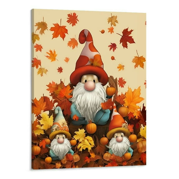JRXY Fall Canvas Wall Art Pumpkin Gnome Oil Paintings on Canvas Maple Leaf Decor Thanksgiving Living Room Bedroom Bathroom Artwork - 16x20 Inch 16x20in