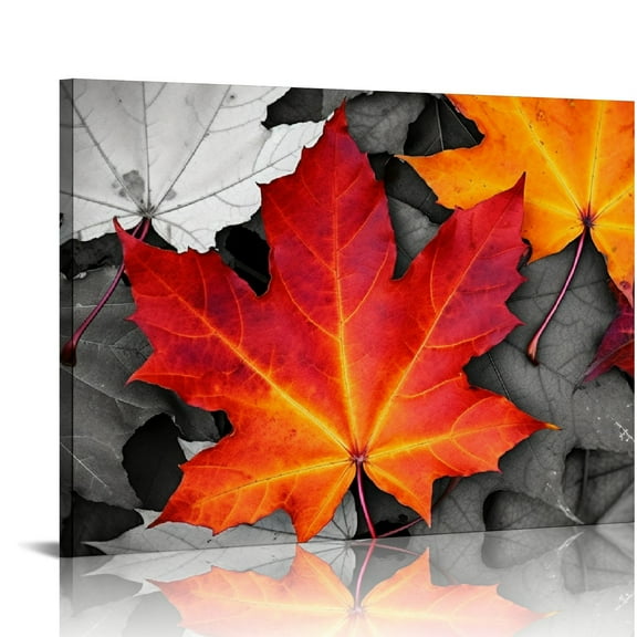 JRXY Fall Decor Orange Maple Leaf Amongst Black and White Autumn Leaves Canvas Wall Art Prints for Living Room Bedroom Home, Autumn Themed Paintings 12x16 Inches, Thanksgiving Gifts 20x16in