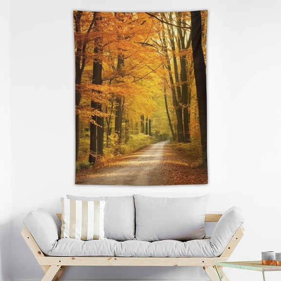 JRXY Fall Forest Tapestry Wall Hanging 30x40 Inch Autumn Park Scenery Woods Path Golden Trees Maple Leaves Nature Tapestry 30x40in
