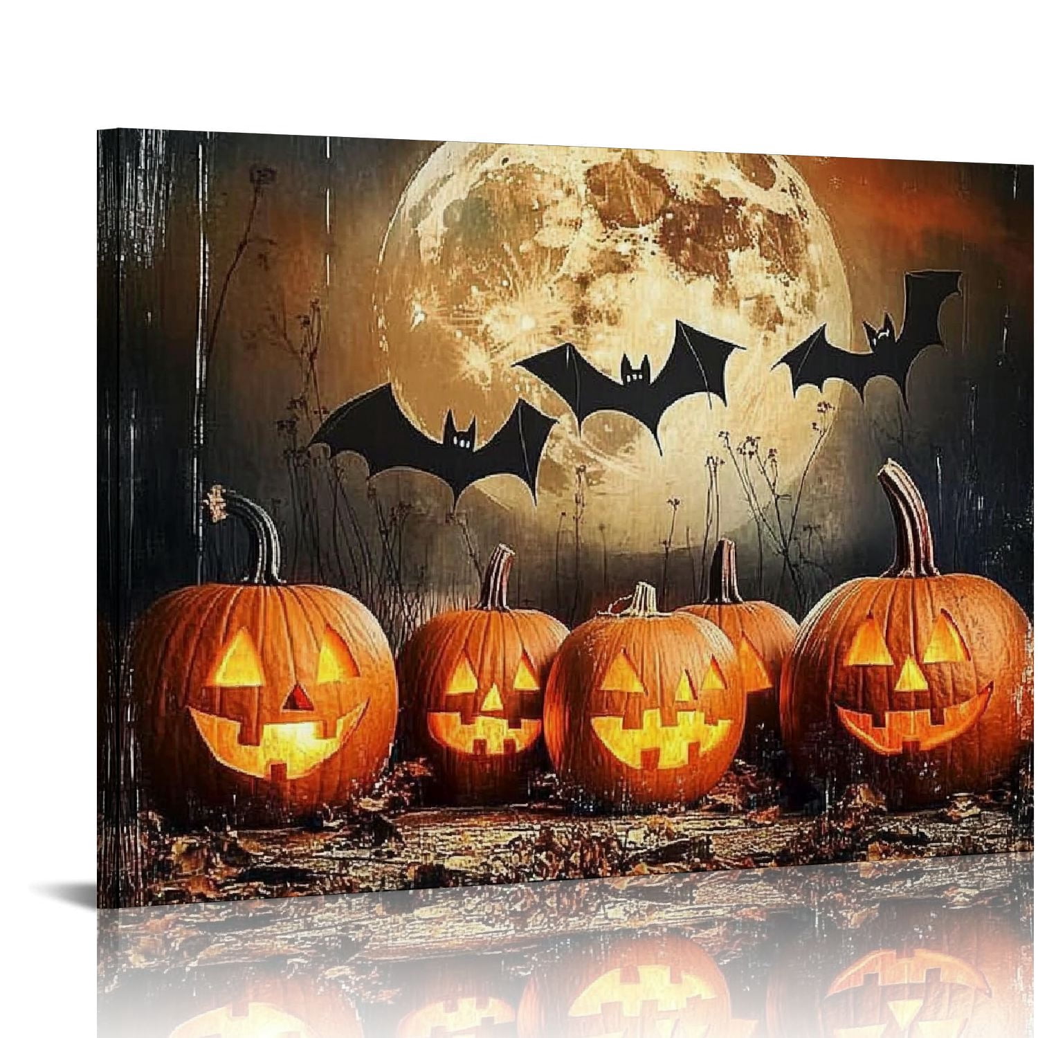 JRXY Fall Halloween Wall Art Pumpkins Candle Black Bat in Scary