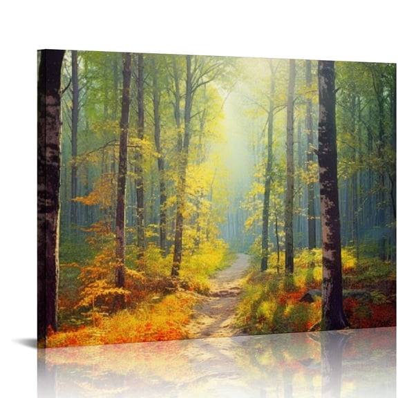 JRXY  Fall Maple Forest Wall Art, Red and Yellow Maple Leaf Tree with Green Leaf Canvas Wall Art, Autumn Landscape Wall Art for Living Room Bedroom Bathroom Home Decor Ready to Hanging 20x16in