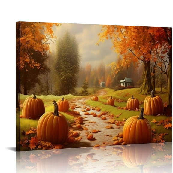 JRXY Fall Pumpkin Wall Art Autumn Orange Maple Forest Canvas Thanksgiving Decor 20x16in