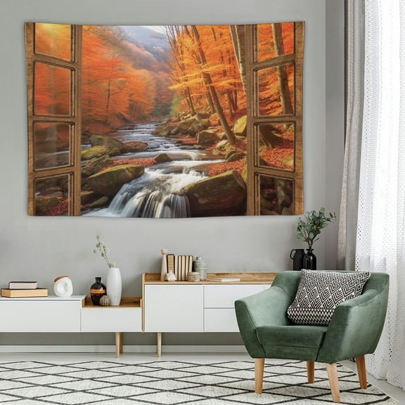 JRXY Fall Tapestry Wall Hanging Autumn Forest Waterfall Nature Scenery Aesthetic 60X40Inches 60x40in
