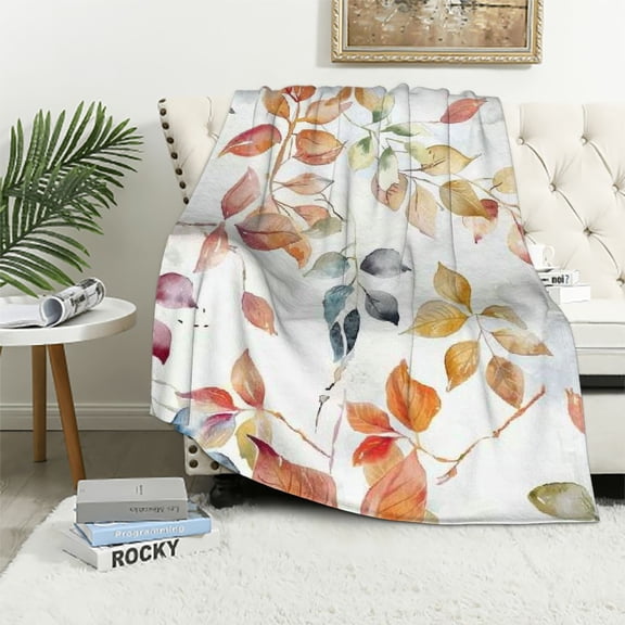 JRXY Fall Throw Blankets,Autumn Nature Plant Floral Leaves Wildflower Watercolor  Rustic Orange Peach Bed Couch Blanket, Soft Comfy  Flannel Throws and Blankets Livingroom Bedroom Decor White