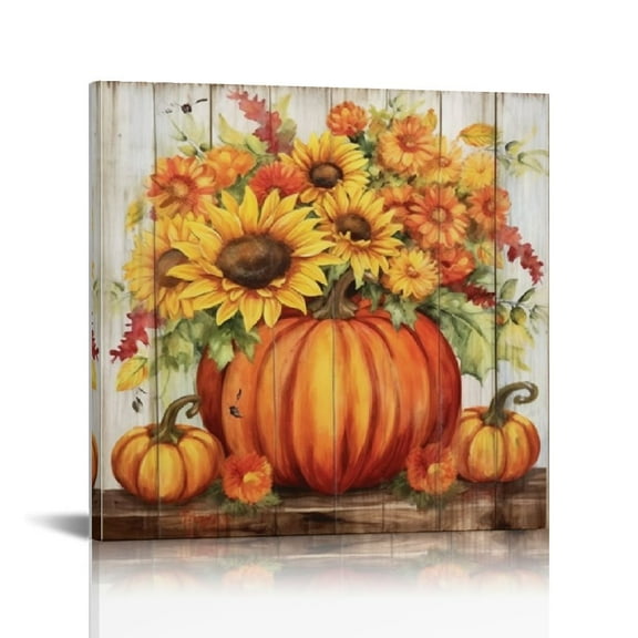 JRXY Fall Wall Art Canvas Pumpkin Decor Rustic Farmhouse Sunflower Pictures 16x16 12x12 in