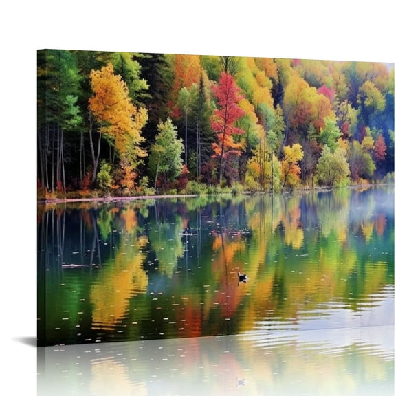JRXY Fall Wall Art Canvas Trees Reflection in Water Green Lakes State Park New York North East USA Fall Leaves Foliage Autumn Kayaking Sunrise Sunset Colorful Bedroom Living Room Decor 16x12in