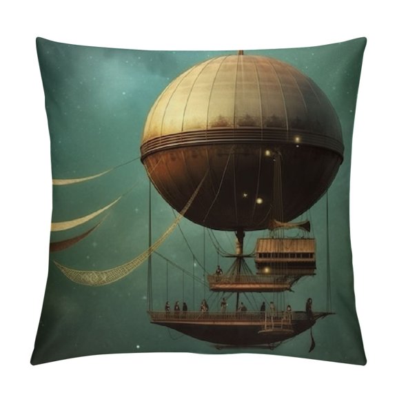 JRXY Fantasy Throw Pillow Cushion Cover, Surreal Sky Scenery Steampunk Airship Sci Fi Stardust Space Image, Decorative Square Accent Pillow Case, , Teal and Brown White
