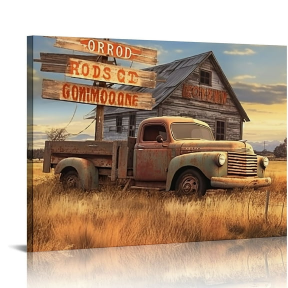 JRXY Farmhouse Barn Canvas Wall Art Rusty Red Trucks Vintage Pictures Wall Decor Bible Verse God Says Wall Art Country Sunset View Painting for Bedroom Bathroom Living Room Prints Framed 20x16in