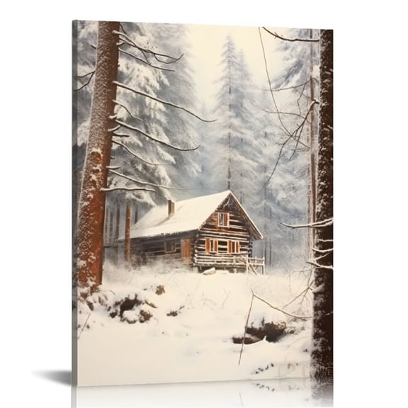 JRXY Farmhouse Barn Canvas Wall Art Snow Fog Tree Picture Prints Winter Landscape Paintings Wall Decor for Bedrooms 16x20 in