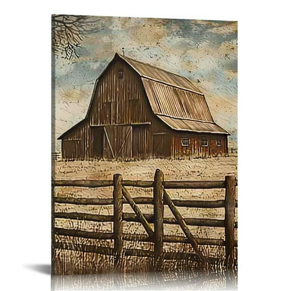 JRXY Farmhouse Barn Windmill Wall Art Rustic Country Landscape Canvas Prints Vintage Farm Pictures for Wall Framed 12x16 in
