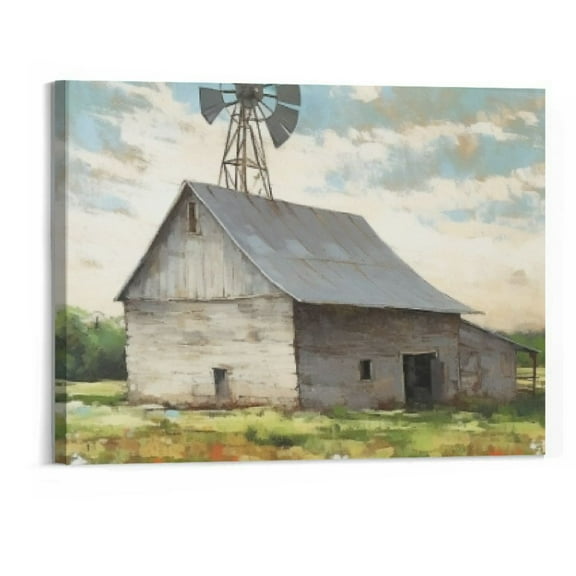 JRXY Farmhouse Canvas Wall Art Decor: Modern Bedroom Living Room Farm Landscape Painting Old Barn Print Large Rustic Countryside Windmill Artwork Country Rural Picture for Home Office 20x16in