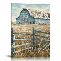 JRXY Farmhouse Canvas Wall Art Framed Landscape Painting Teal Old Barn Rustic Country Farm Decor Picture for Bedroom Living Room Ready to Hang 12x16 in