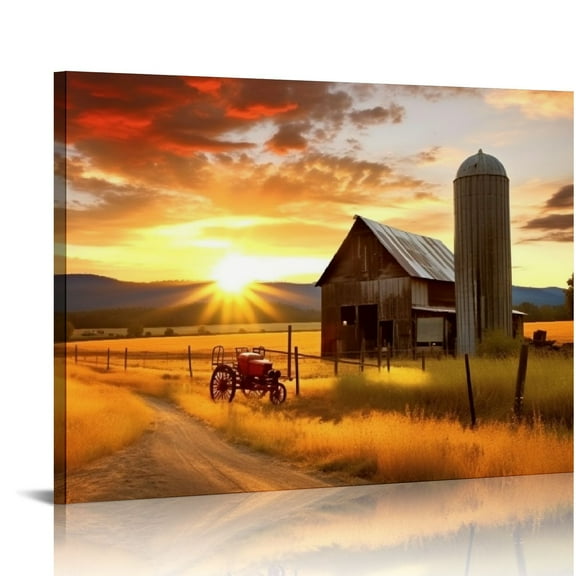 JRXY Farmhouse Canvas Wall Art Picture: Framed Large Farm Artwork Barn View Field Scenes Sunset Landscape Village Painting Prints for Living Room Dining Room Wall Decoration 20x16 Inch 20x16in