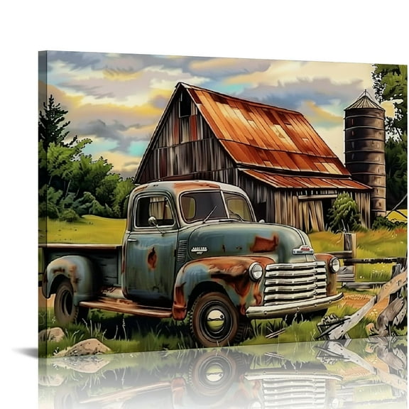 JRXY Farmhouse Canvas Wall Art Vintage Truck and Old Barn Country Picture Prints for Home Office Decor Gallery Wrapped 20x16in
