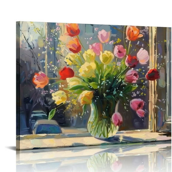 JRXY Farmhouse Decor Canvas Wall Art Rustic Wall Decor Floral Themed Paintings Tulip Bouquet Pictures Artwork Wall Art Easy Hanging 20x16in
