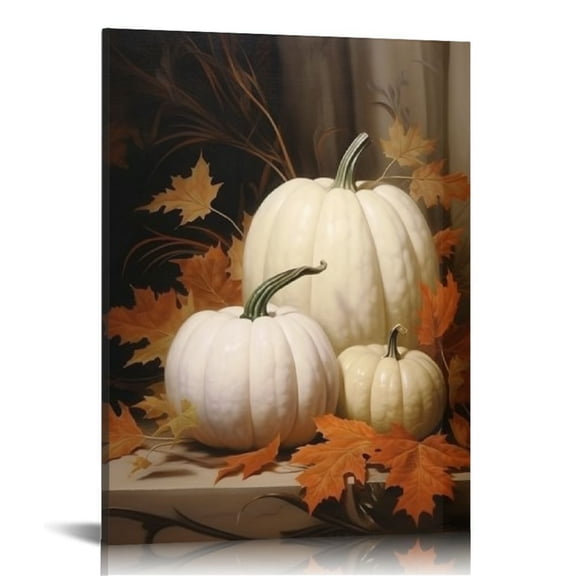 JRXY Farmhouse Fall Canvas Wall Art White Pumpkin Still Life Painting Pictures Rustic Farm Pumpkin Fall Leaves Posters Halloween Thanksgiving Autumn Wall Print Decor 12x16/16x20in Framed 12x16 in